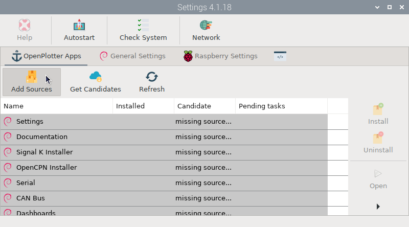 OpenPlotter Settings 화면 - 앱과 Signal K 설치를 관리하는 메인 허브