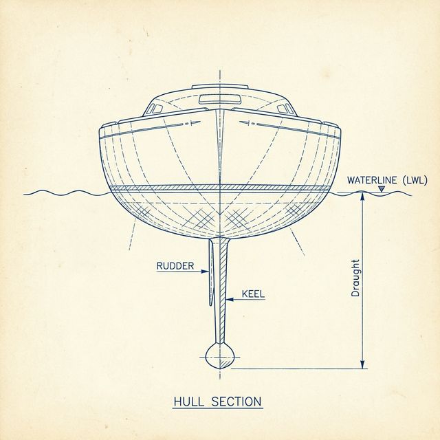세일 요트의 킬(Keel)과 흘수(Draught)를 설명하는 측정 이미지