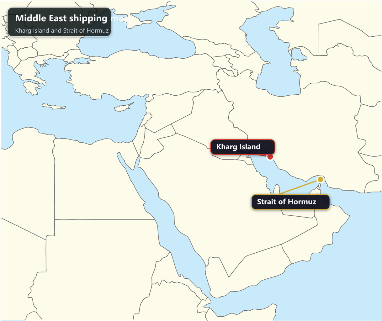 Kharg Island와 Strait of Hormuz 위치를 표시한 중동 전체 지도