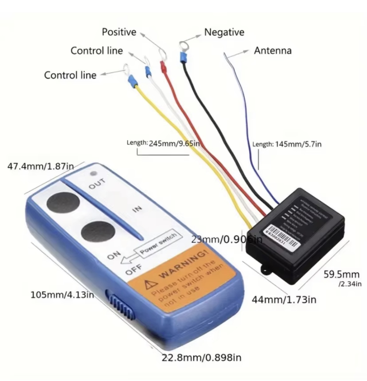무선 윈드라스 리모컨 수신기 배선 구성과 리모컨 외형을 보여주는 제품 설명 이미지